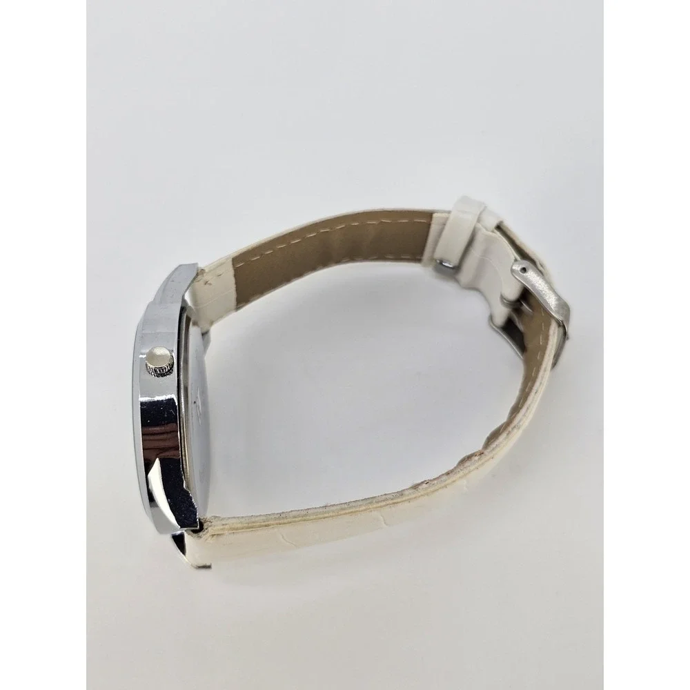 Unisex‎ Analog Watch 40MM White Dial White Faux Leather Bands New Battery